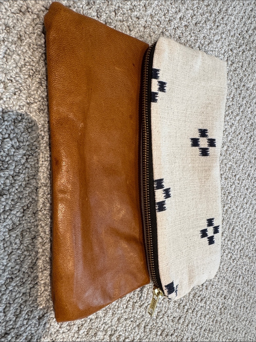 Two-Tone Leather & Canvas Zip Clutch — Tan and Cream
